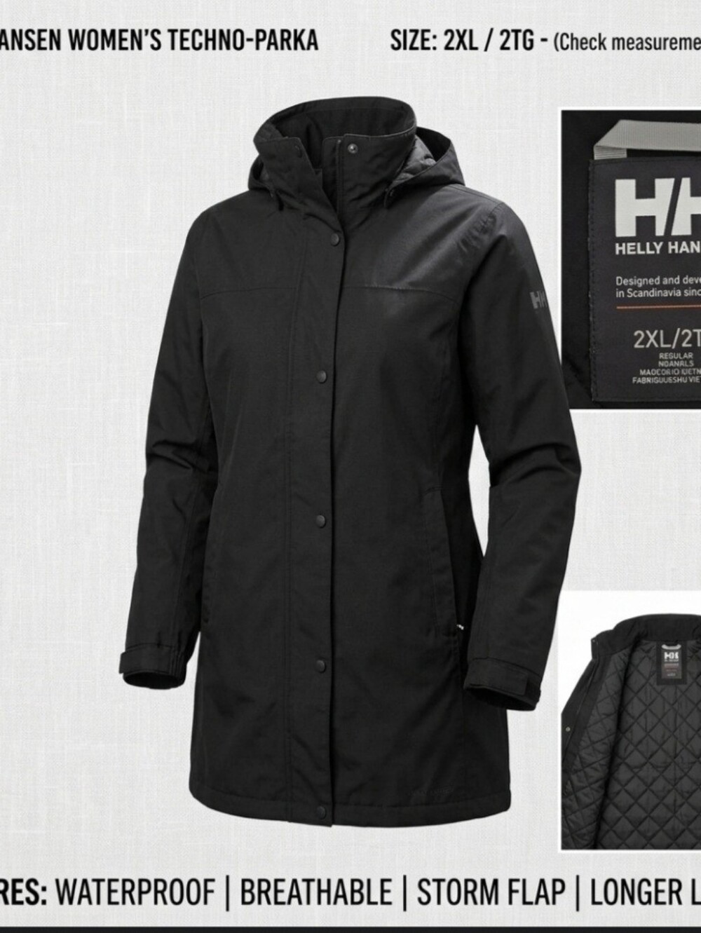 Helly Hansen Women's Black Trench Coat with Hood. Womens Size 2x.